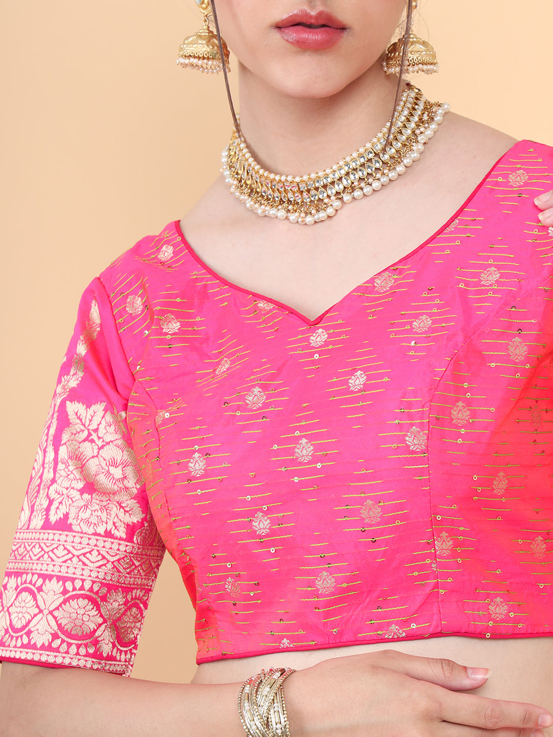 Mimosa Pink Woven Design Readymade Blouse