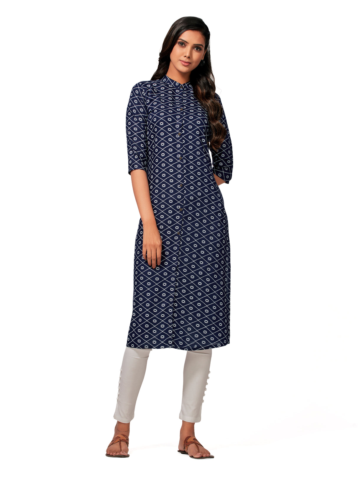 Mimosa Women Navy Blue Color Printed Straight Kurta