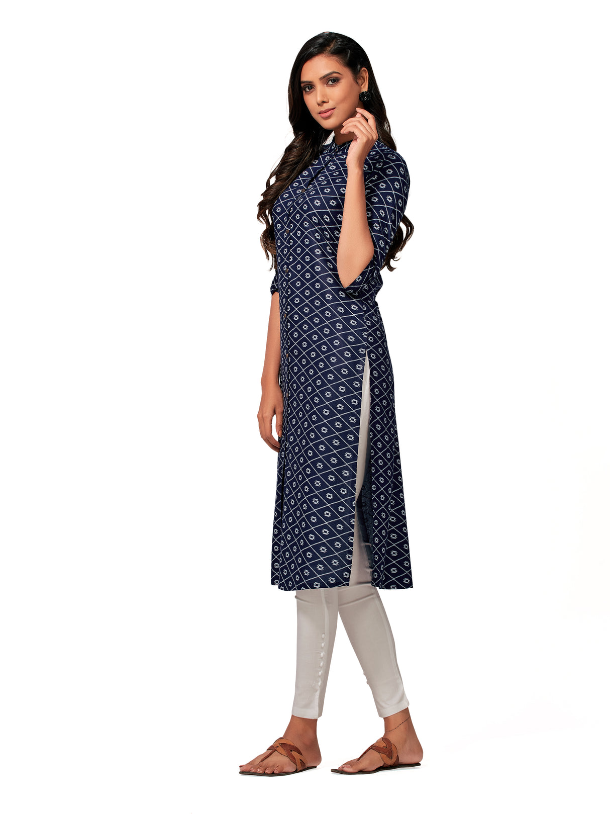 Mimosa Women Navy Blue Color Printed Straight Kurta