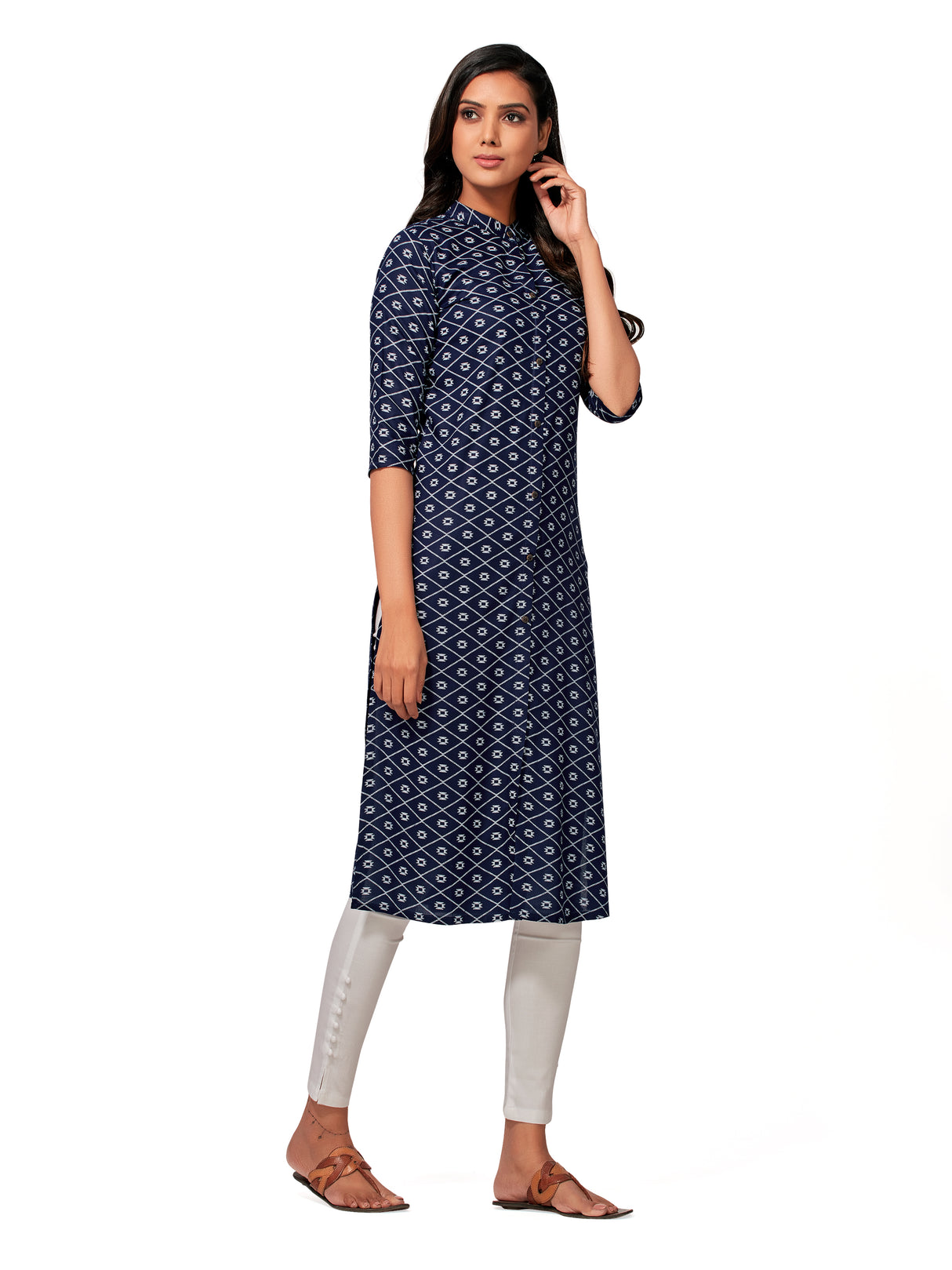 Mimosa Women Navy Blue Color Printed Straight Kurta