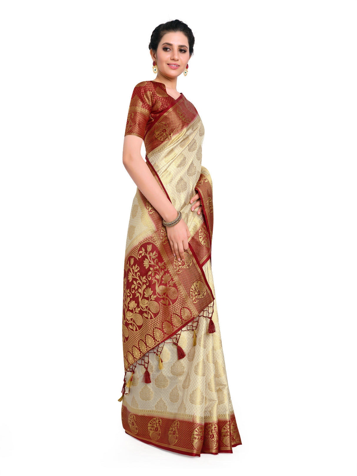 Mimosa Womens Art Silk Saree Kanjivaram Halfwhite Color