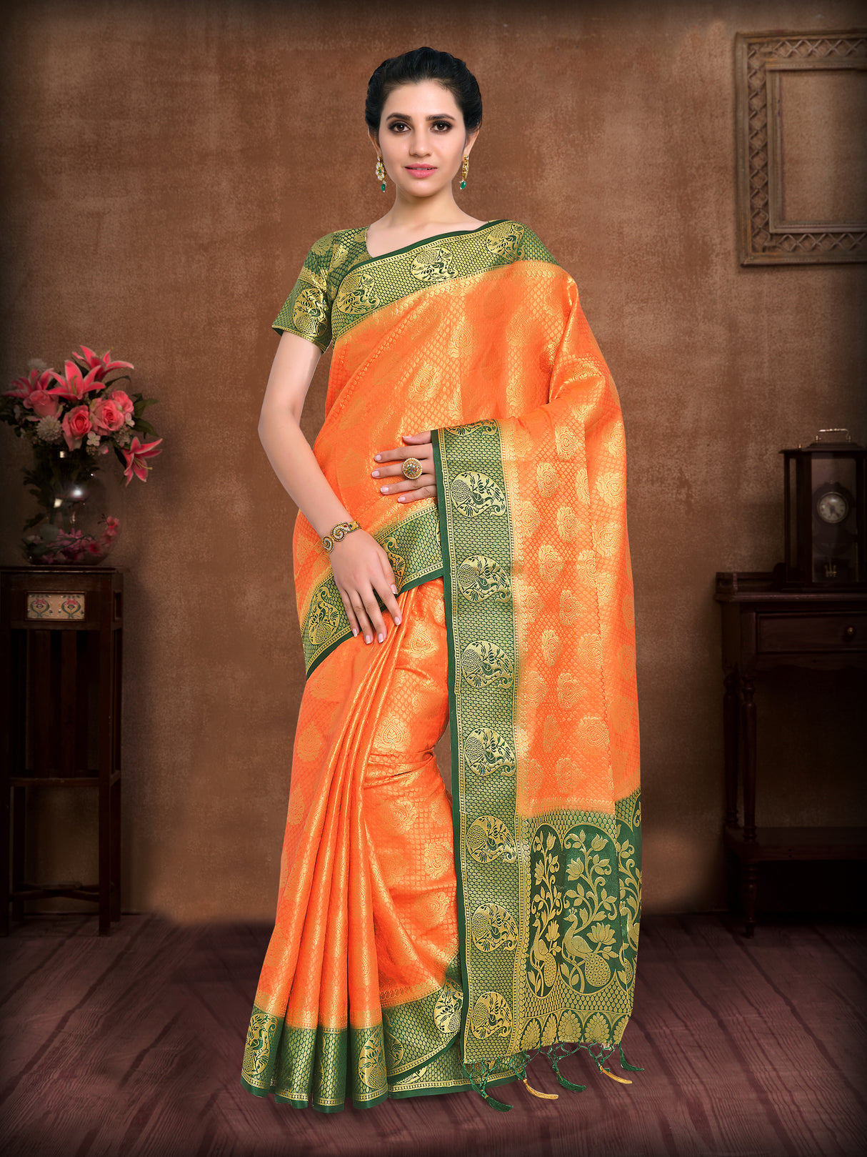 Mimosa Womens Art Silk Saree Kanjivaram Peach Color