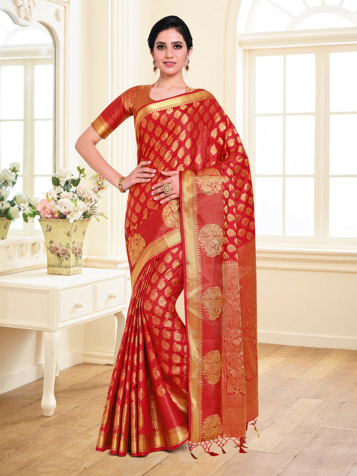 Mimosa Womens Art Silk Saree Kanjivaram Red Color