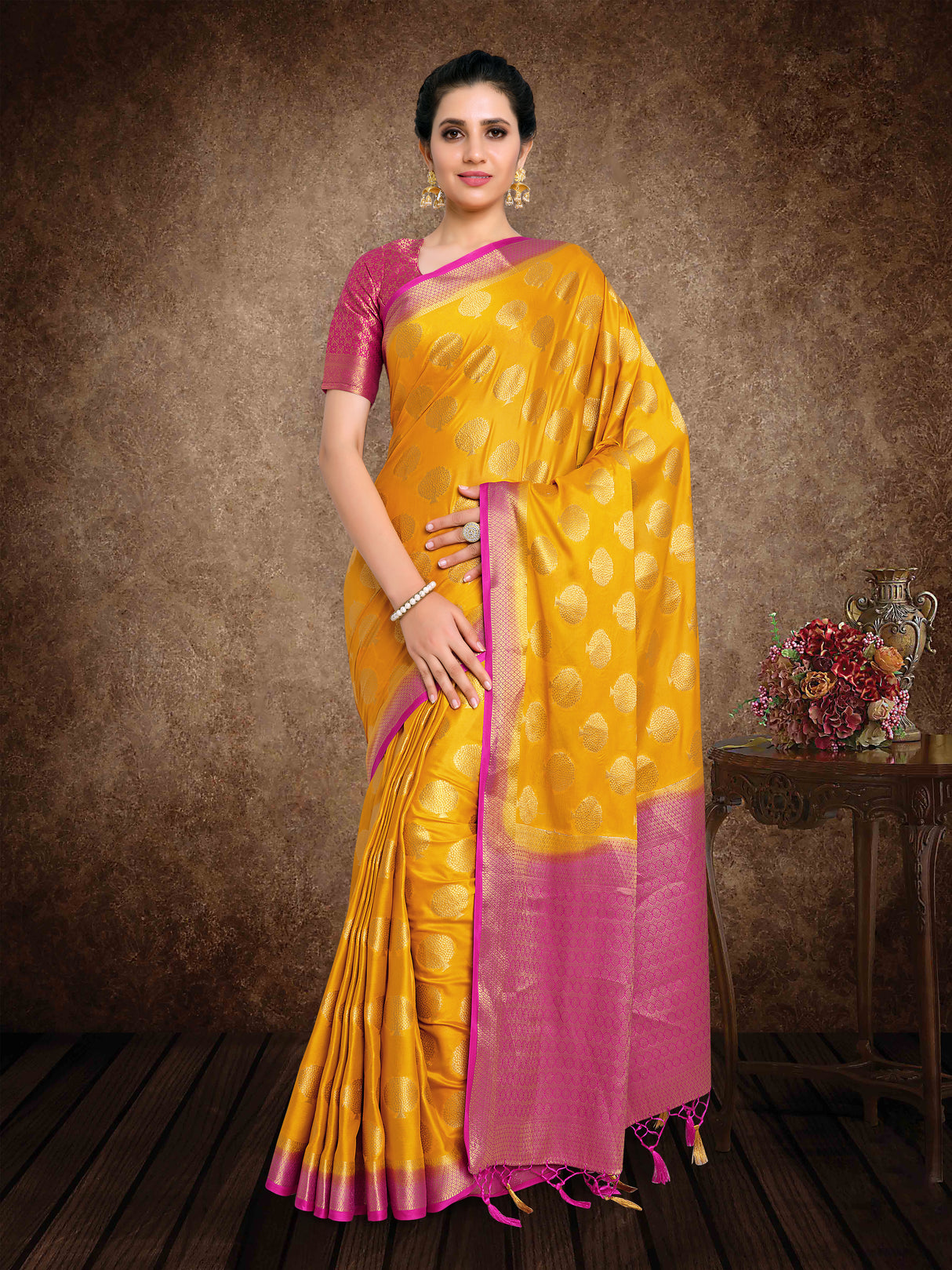 Mimosa Womens Crepe Saree Mysore Silk Mustard Color