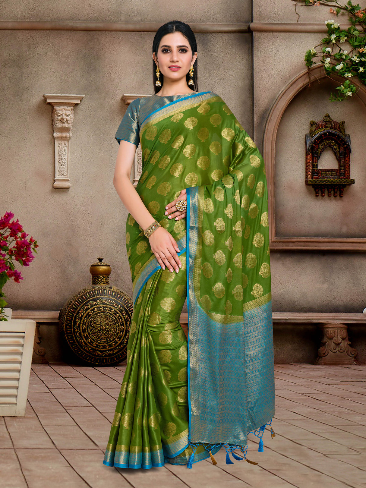 Mimosa Womens Crepe Saree Mysore Silk Olive Color