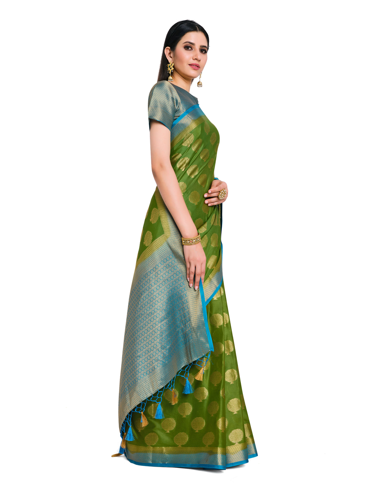 Mimosa Womens Crepe Saree Mysore Silk Olive Color