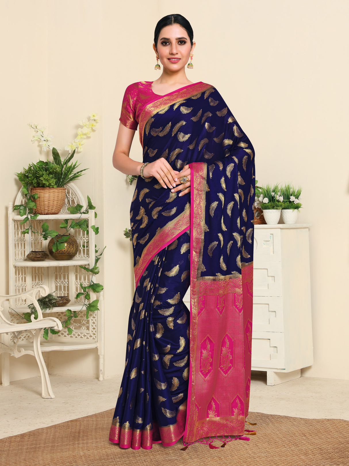 Mimosa Womens Crepe Saree Mysore Silk Navy Blue Color