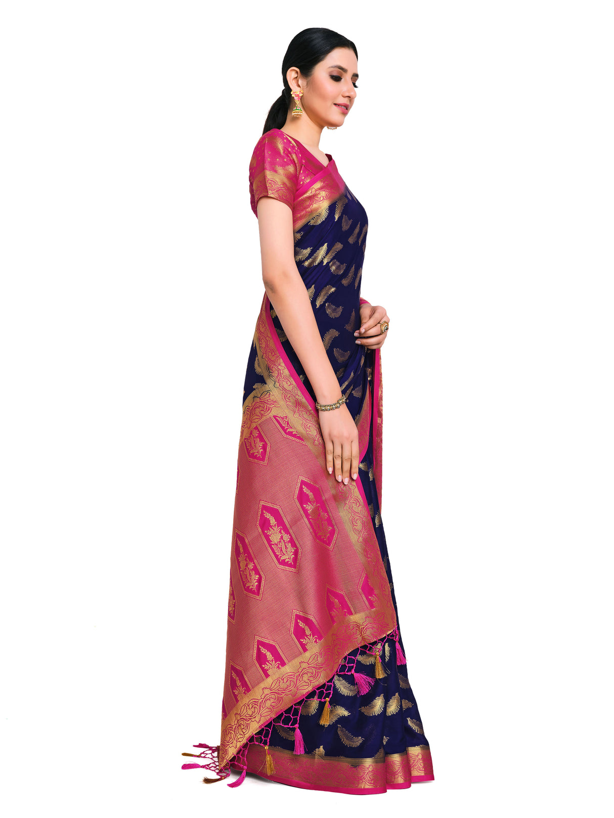 Mimosa Womens Crepe Saree Mysore Silk Navy Blue Color