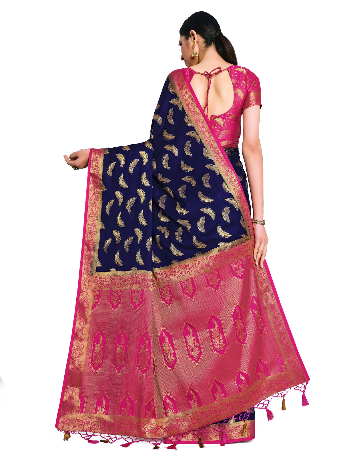 Mimosa Womens Crepe Saree Mysore Silk Navy Blue Color