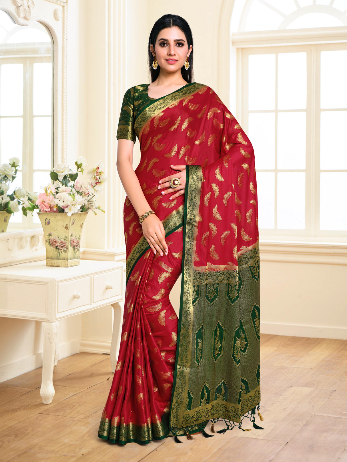 Mimosa Womens Crepe Saree Mysore Silk Red Color