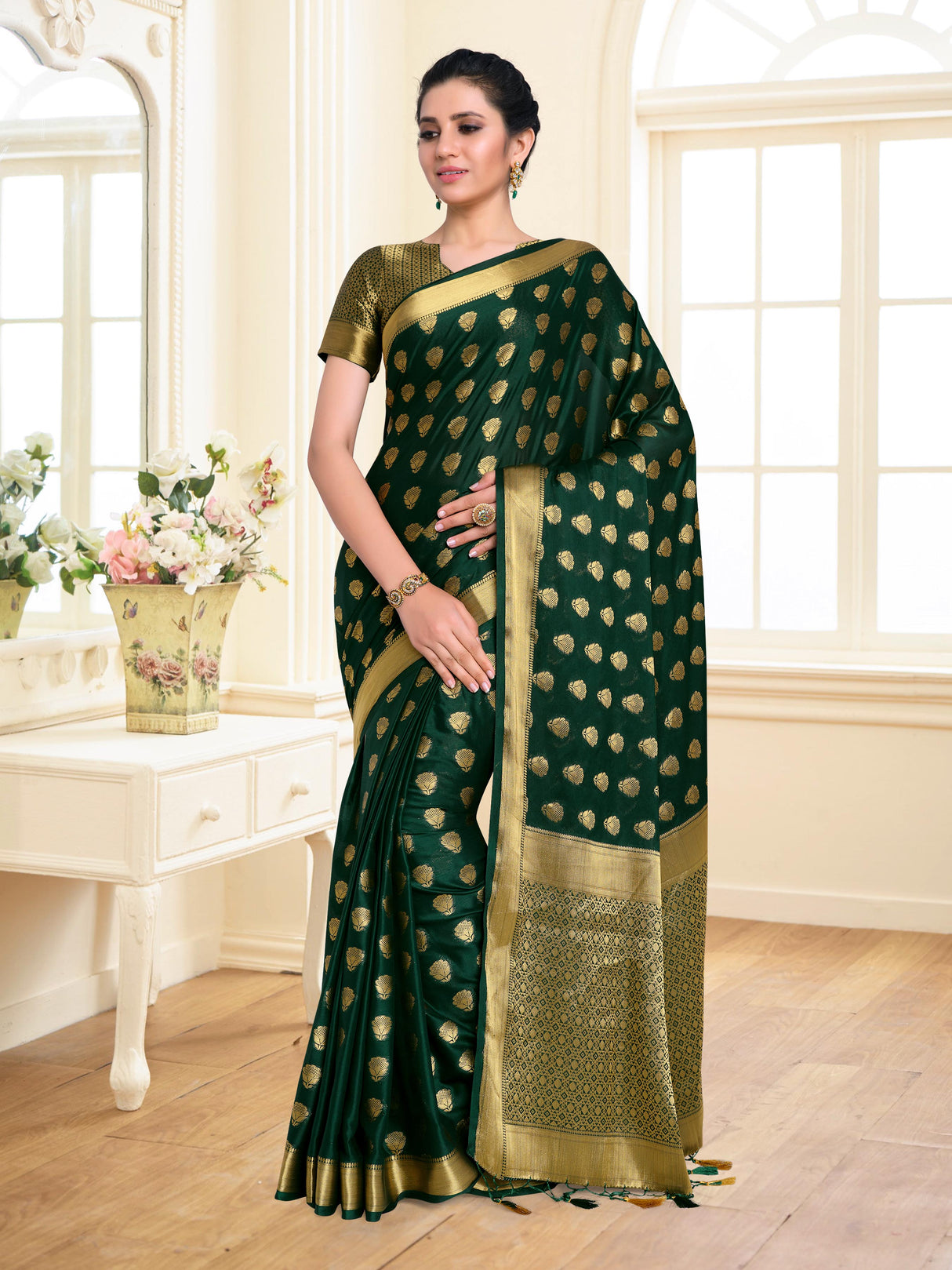 Mimosa Womens Crepe Saree Mysore Silk BGreen Color