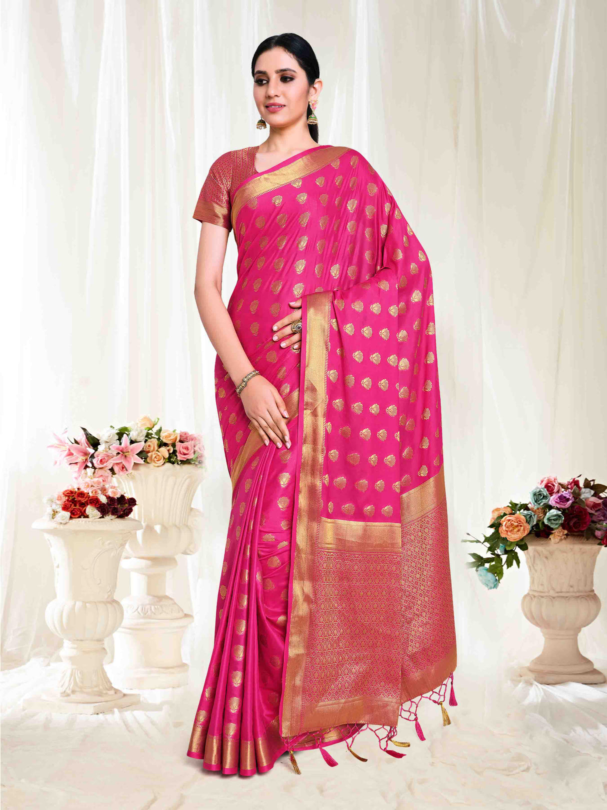 Mimosa Womens Crepe Saree Mysore Silk Rani Color