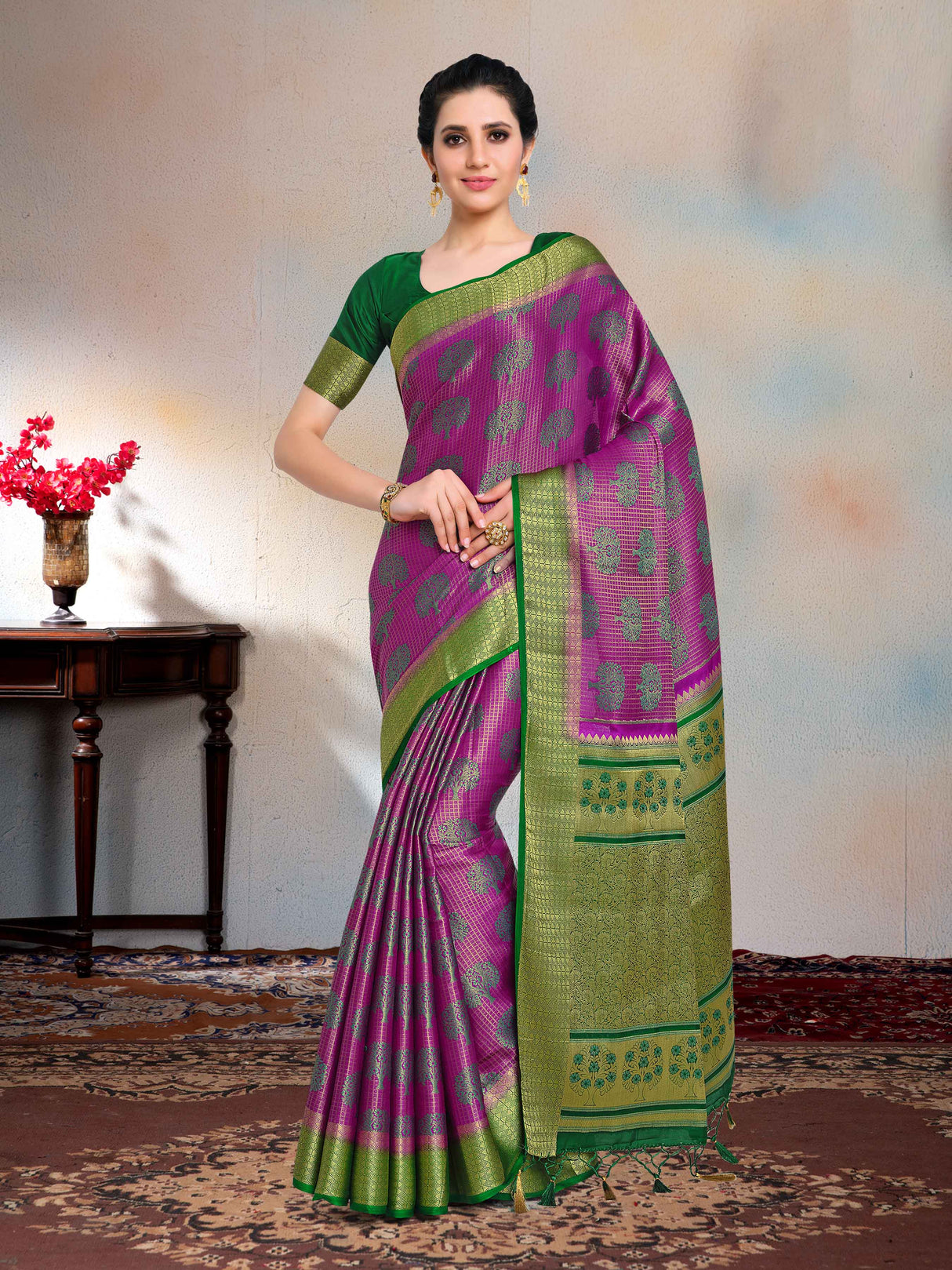 Mimosa Womens Art Silk Saree Kanjivaram Mejanta Color