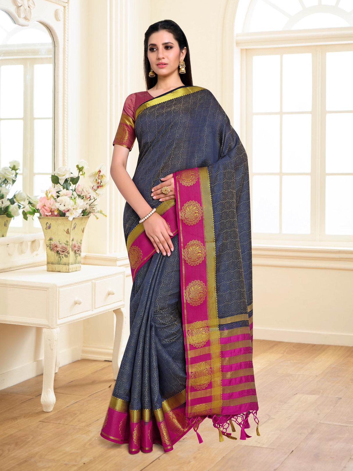 Mimosa Womens Art Silk Saree Kanjivaram Navy Blue Color