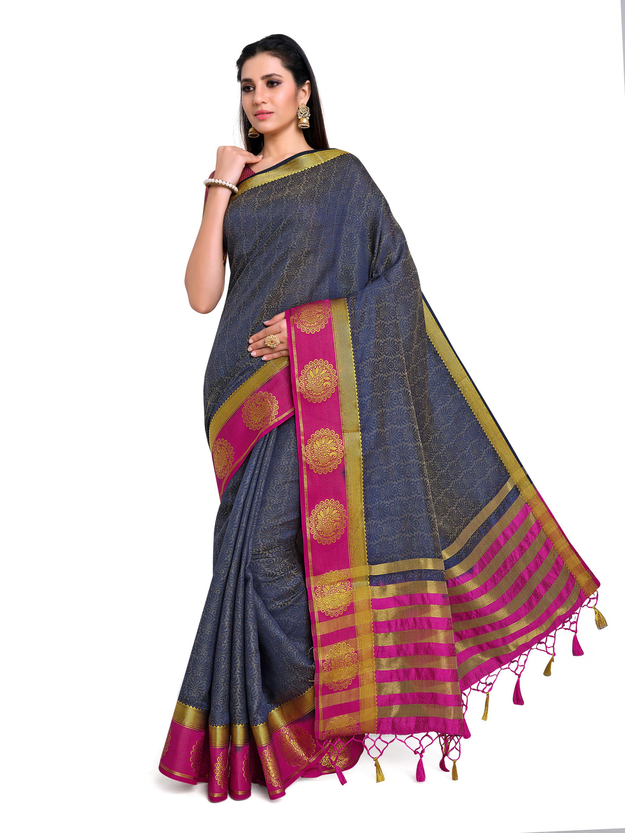 Mimosa Womens Art Silk Saree Kanjivaram Navy Blue Color