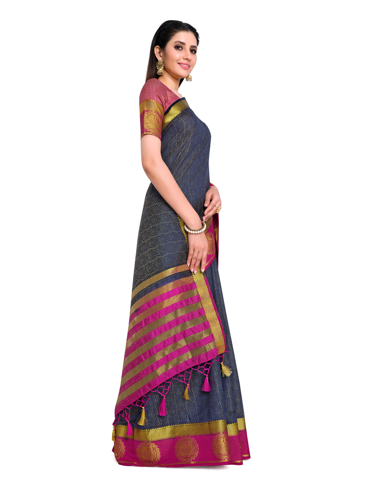 Mimosa Womens Art Silk Saree Kanjivaram Navy Blue Color