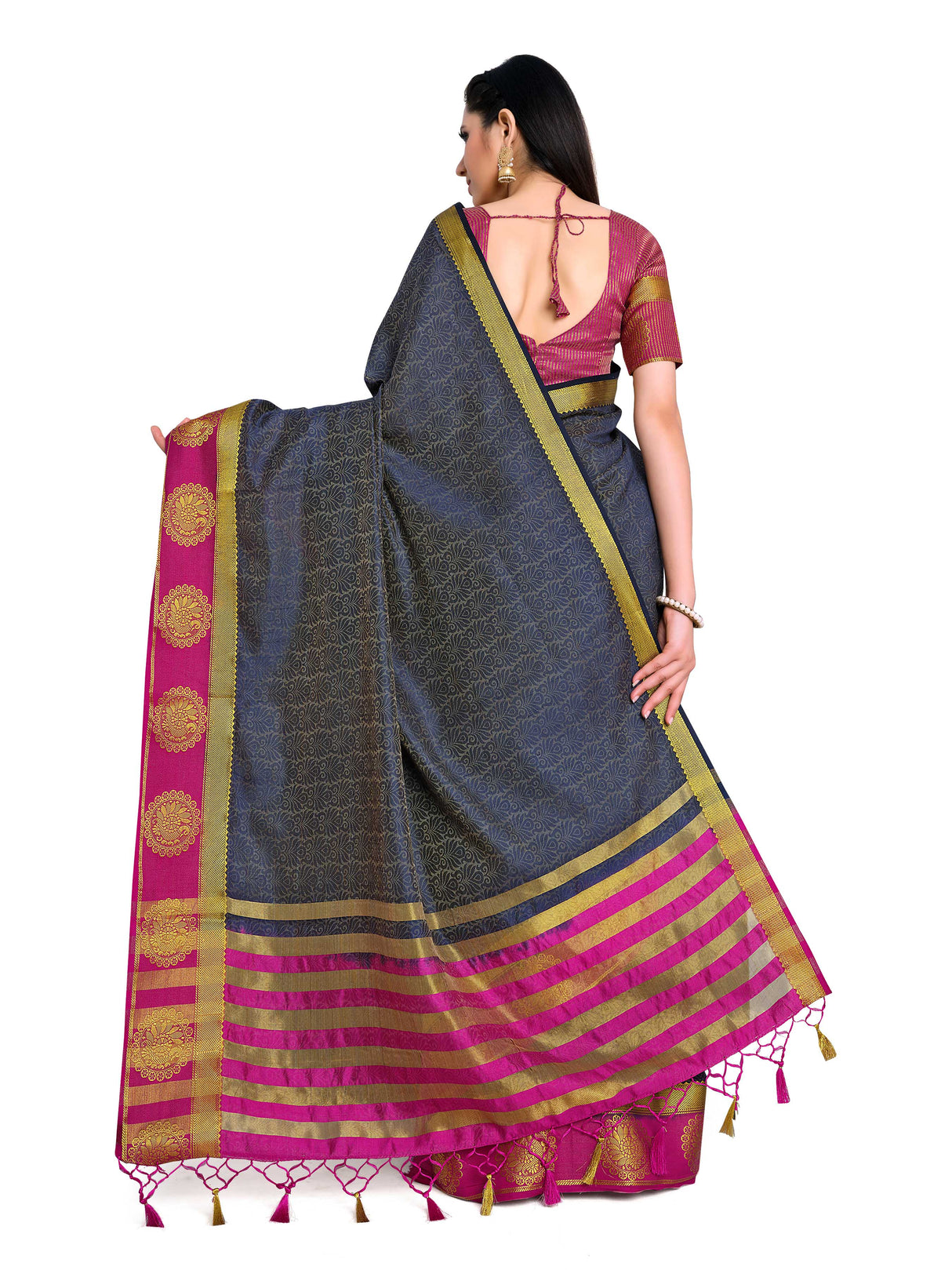 Mimosa Womens Art Silk Saree Kanjivaram Navy Blue Color