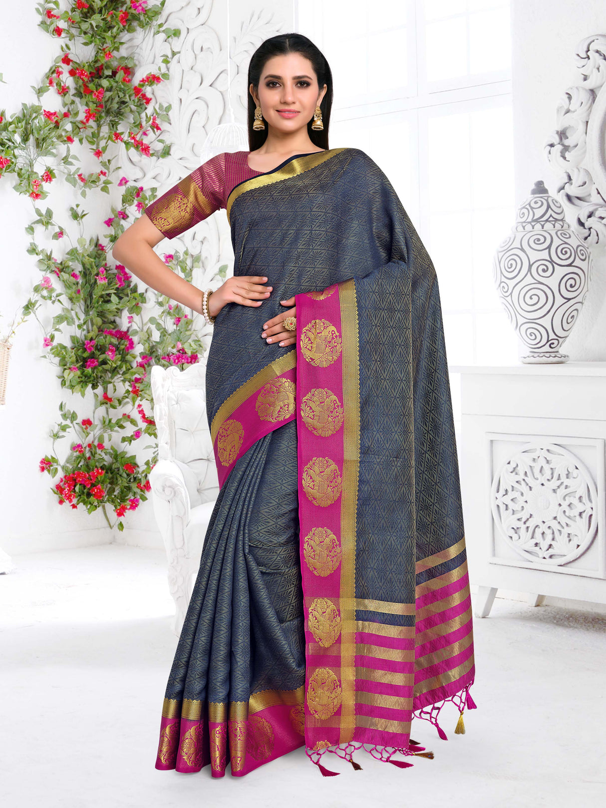 Mimosa Womens Art Silk Saree Kanjivaram Navy Blue Color