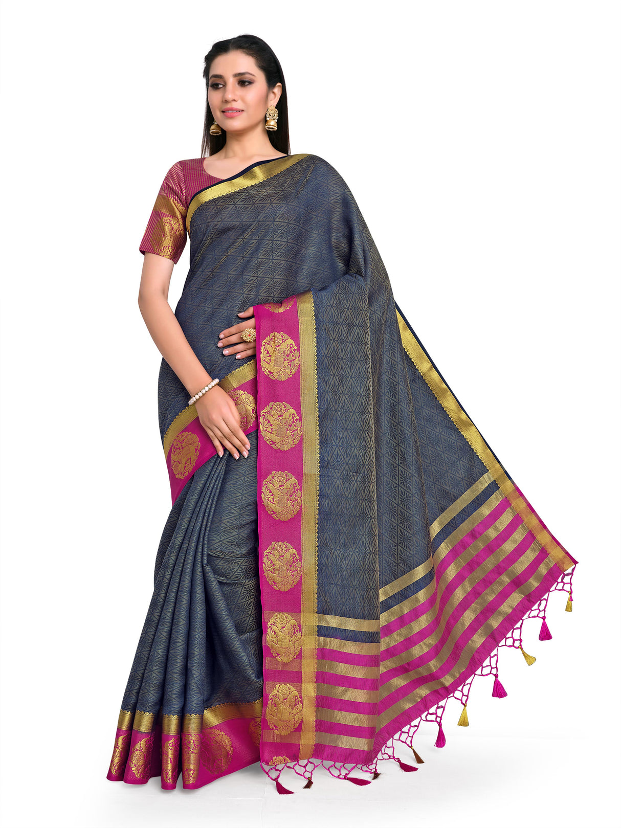 Mimosa Womens Art Silk Saree Kanjivaram Navy Blue Color