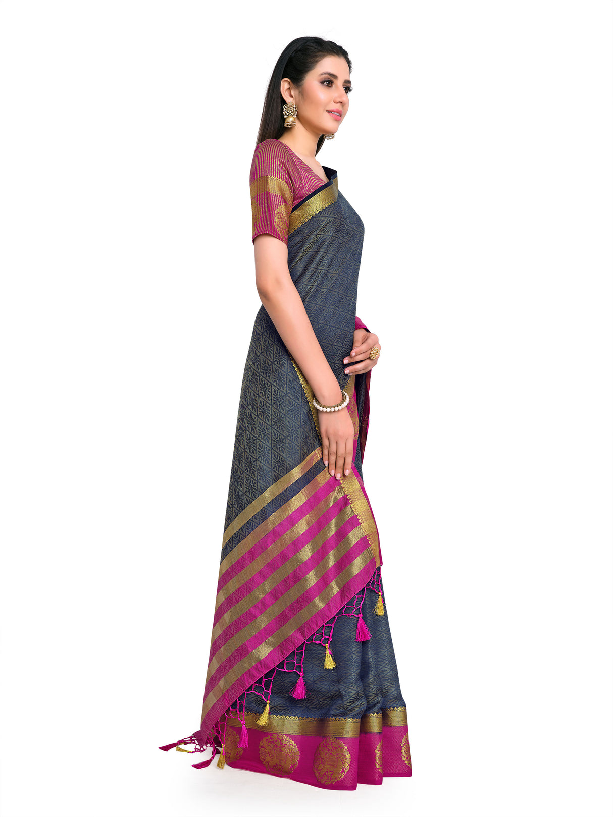 Mimosa Womens Art Silk Saree Kanjivaram Navy Blue Color