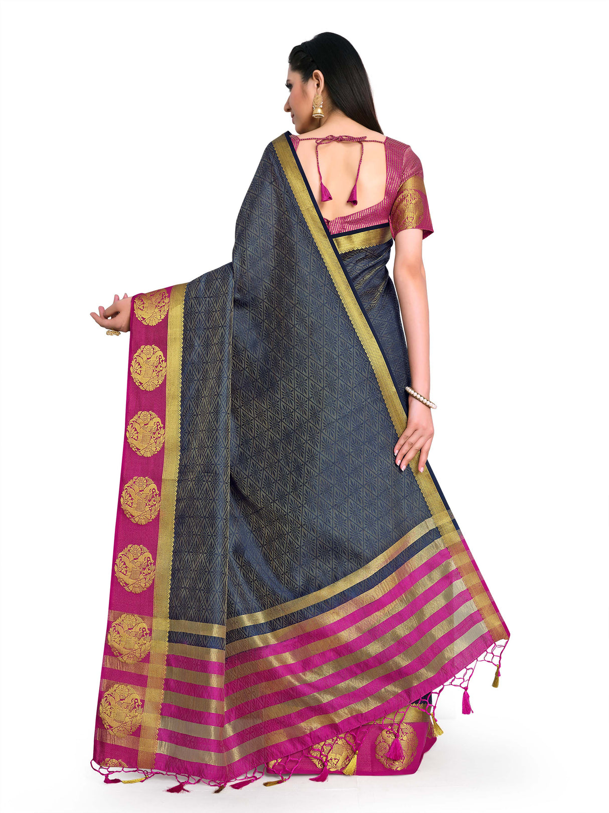 Mimosa Womens Art Silk Saree Kanjivaram Navy Blue Color