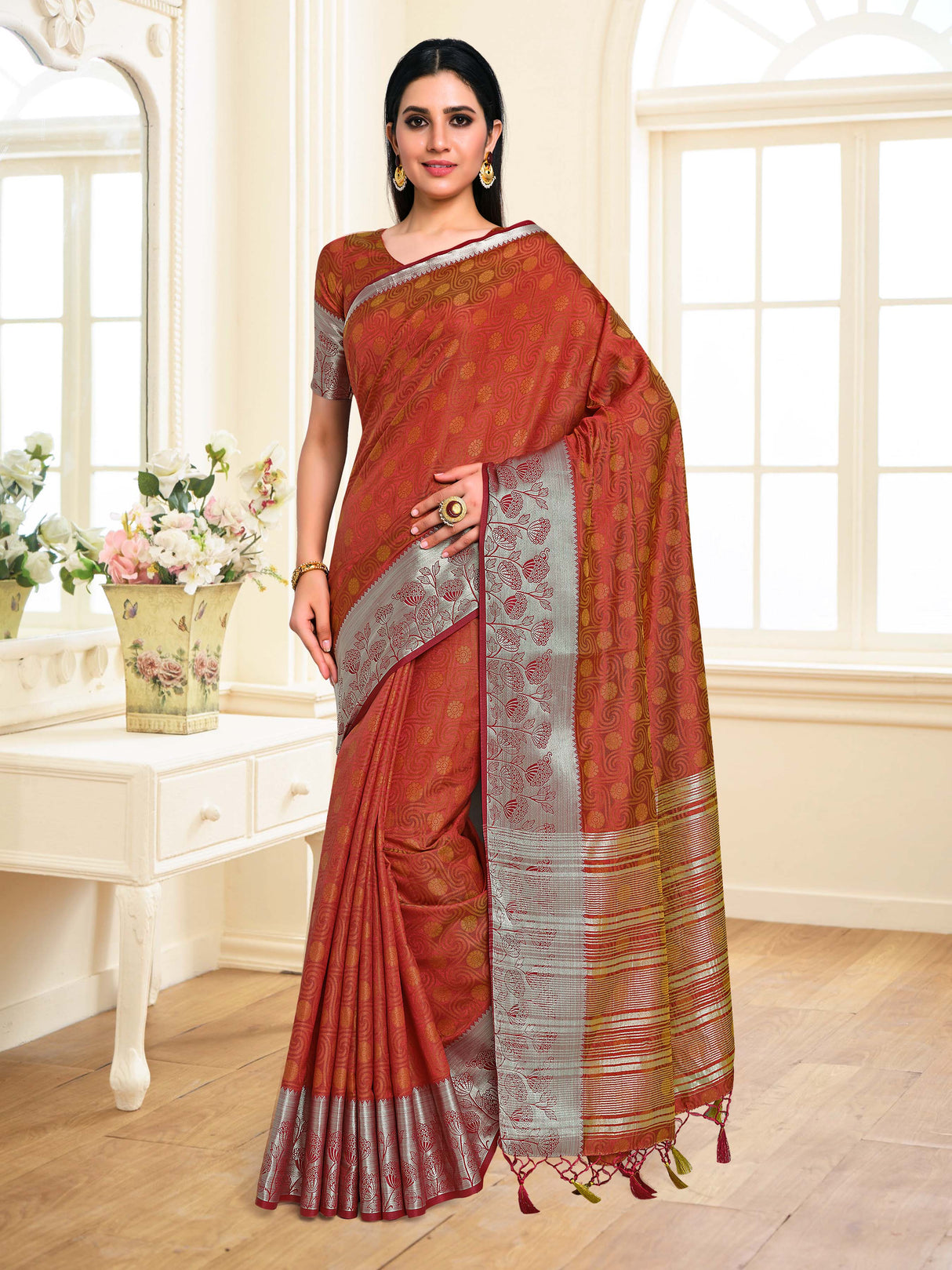 Mimosa Womens Art Silk Saree Kanjivaram style Maroon Color