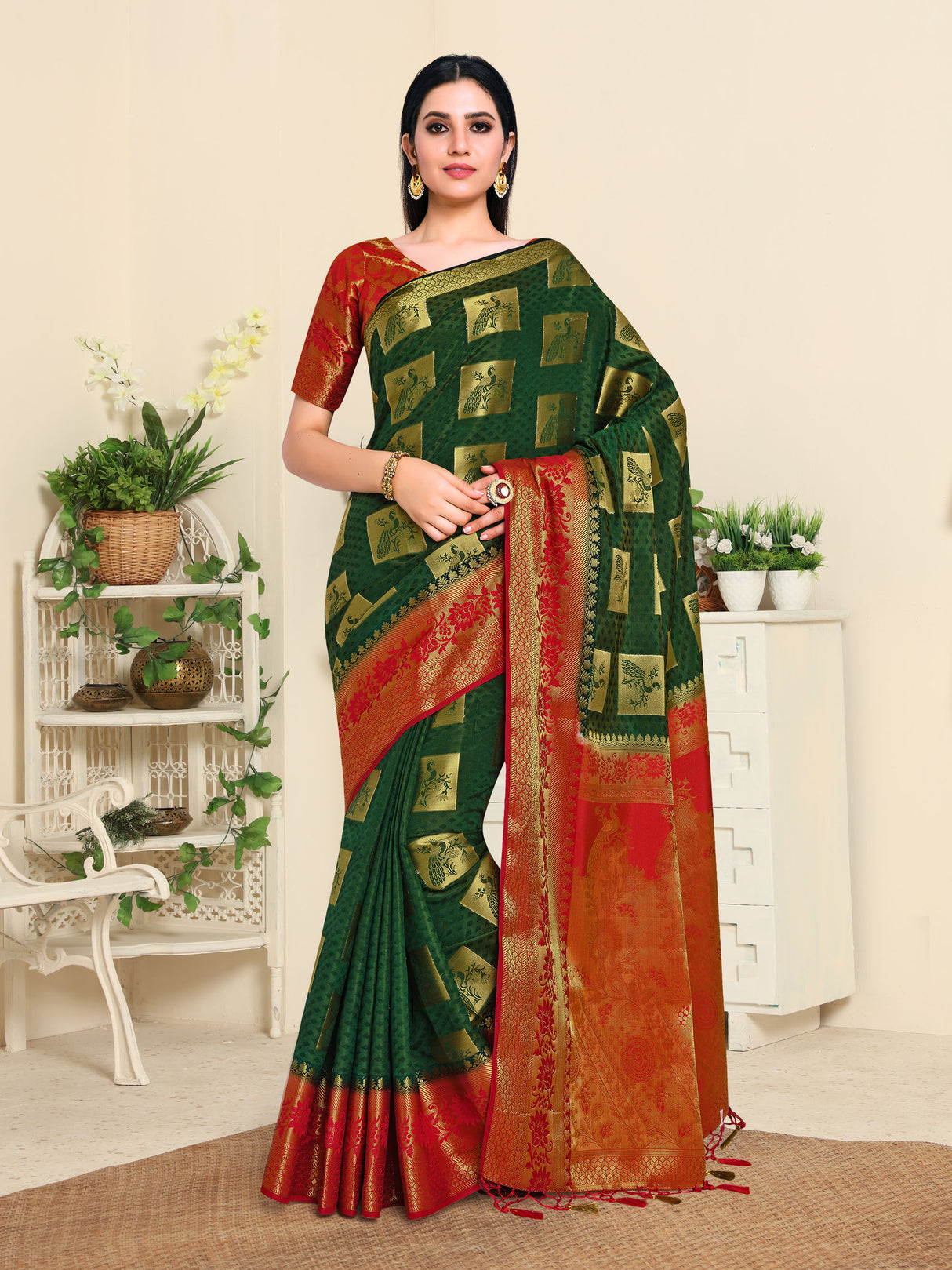 Mimosa Womens Art Silk Saree Kanjivaram BGreen Color