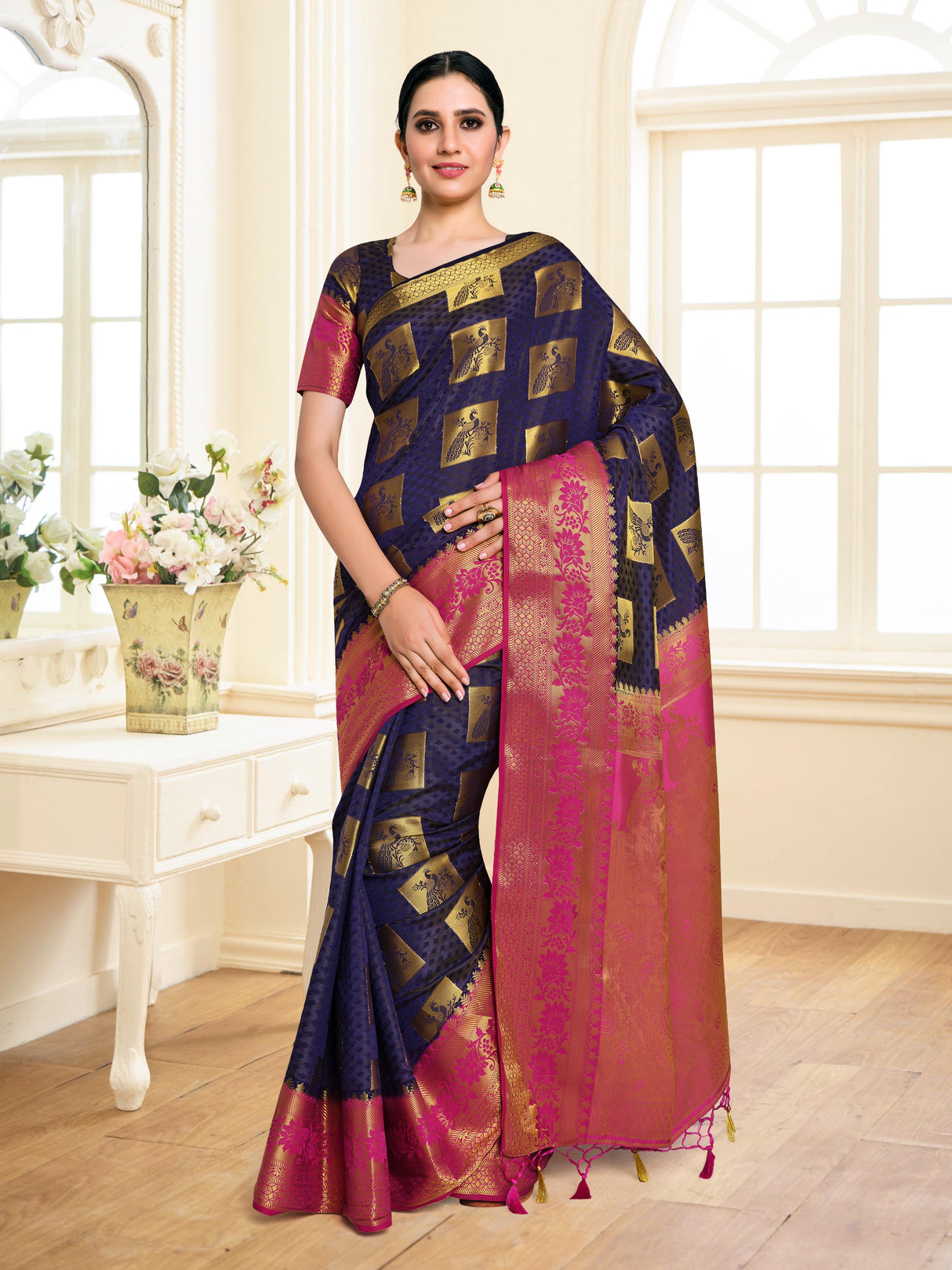 Mimosa Womens Art Silk Saree Kanjivaram Navy Blue Color