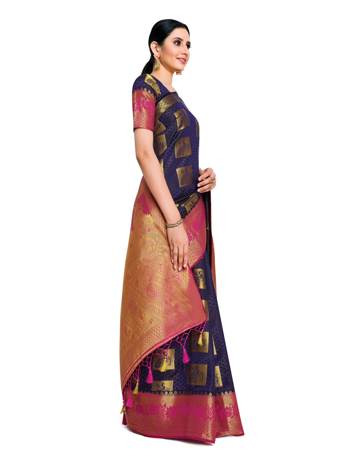 Mimosa Womens Art Silk Saree Kanjivaram Navy Blue Color
