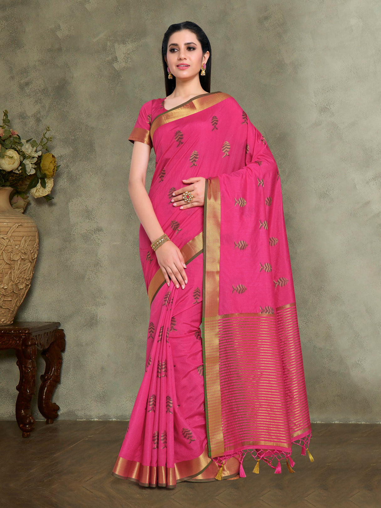 Mimosa Womens Art Silk Saree Kanjivaram style Strawberry Color