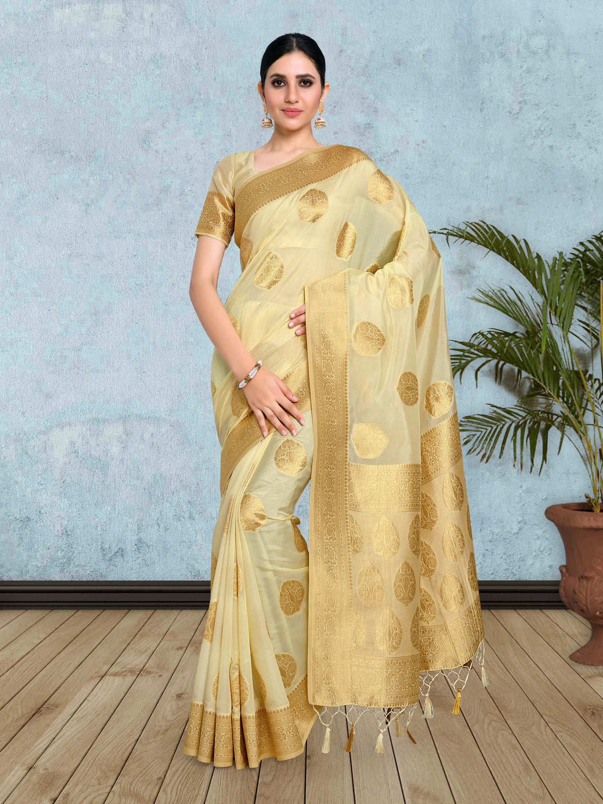 Mimosa Womens Art Silk Saree Kanjivaram Halfwhite Color