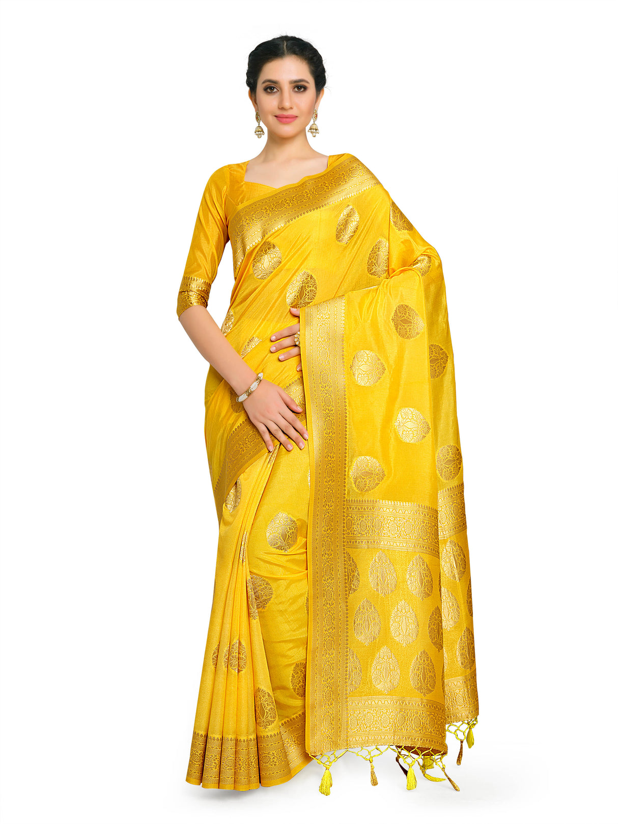 Mimosa Womens Art Silk Saree Kanjivaram Yellow Color
