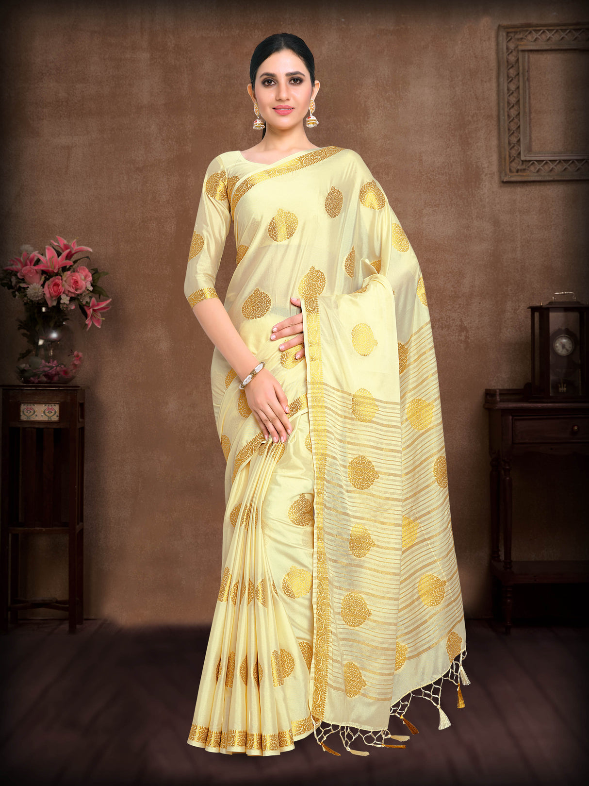 Mimosa Womens Crepe Saree Mysore Silk Cream Color