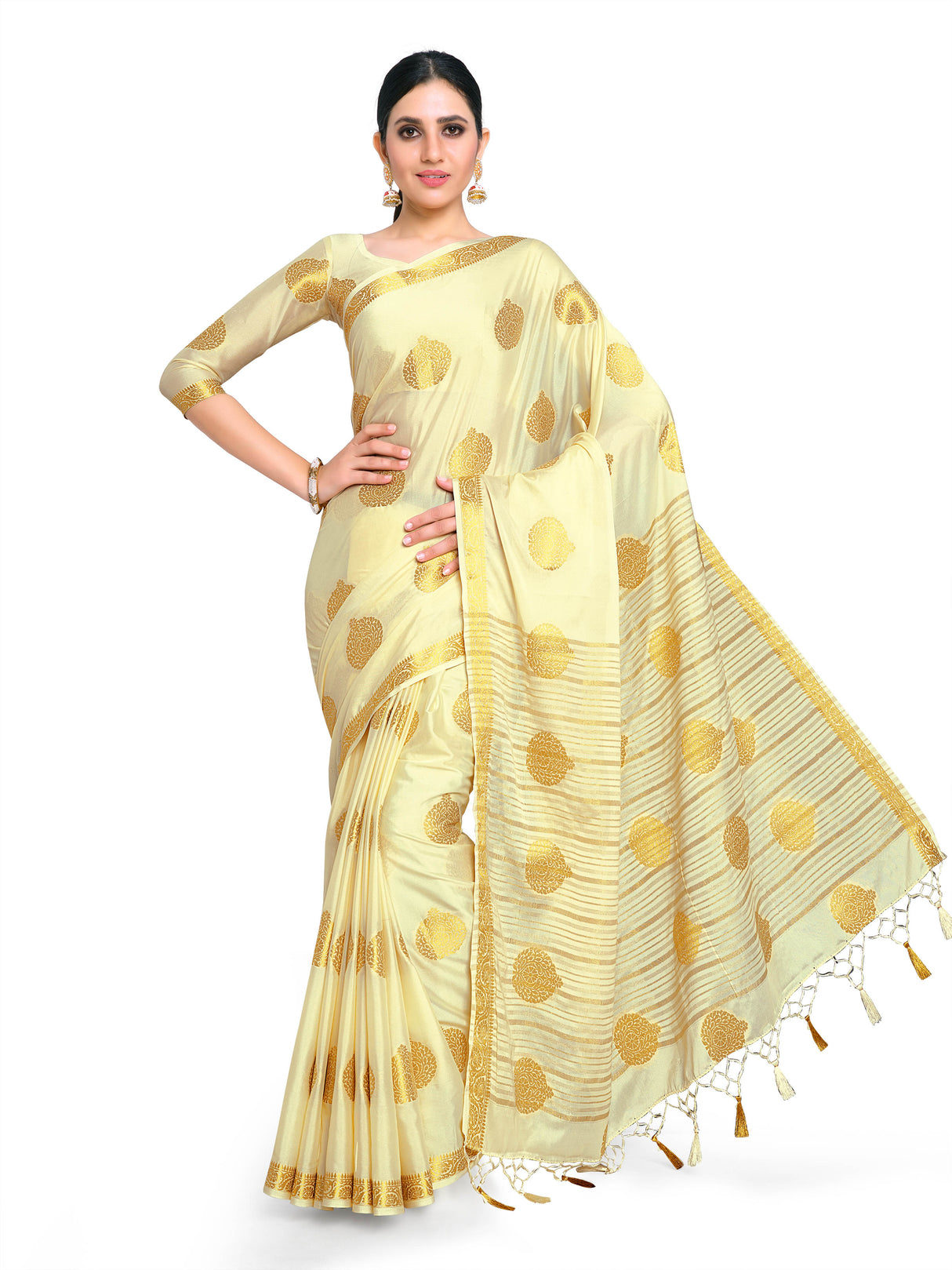 Mimosa Womens Crepe Saree Mysore Silk Cream Color