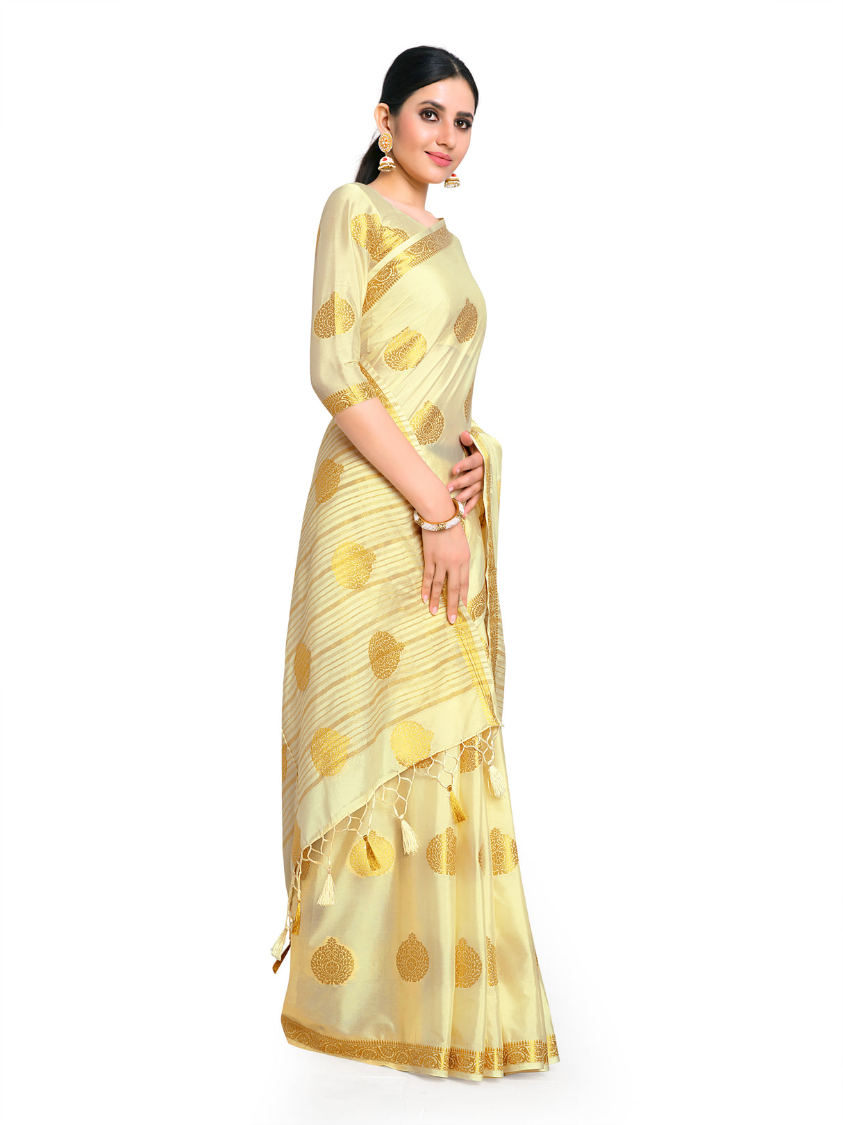 Mimosa Womens Crepe Saree Mysore Silk Cream Color