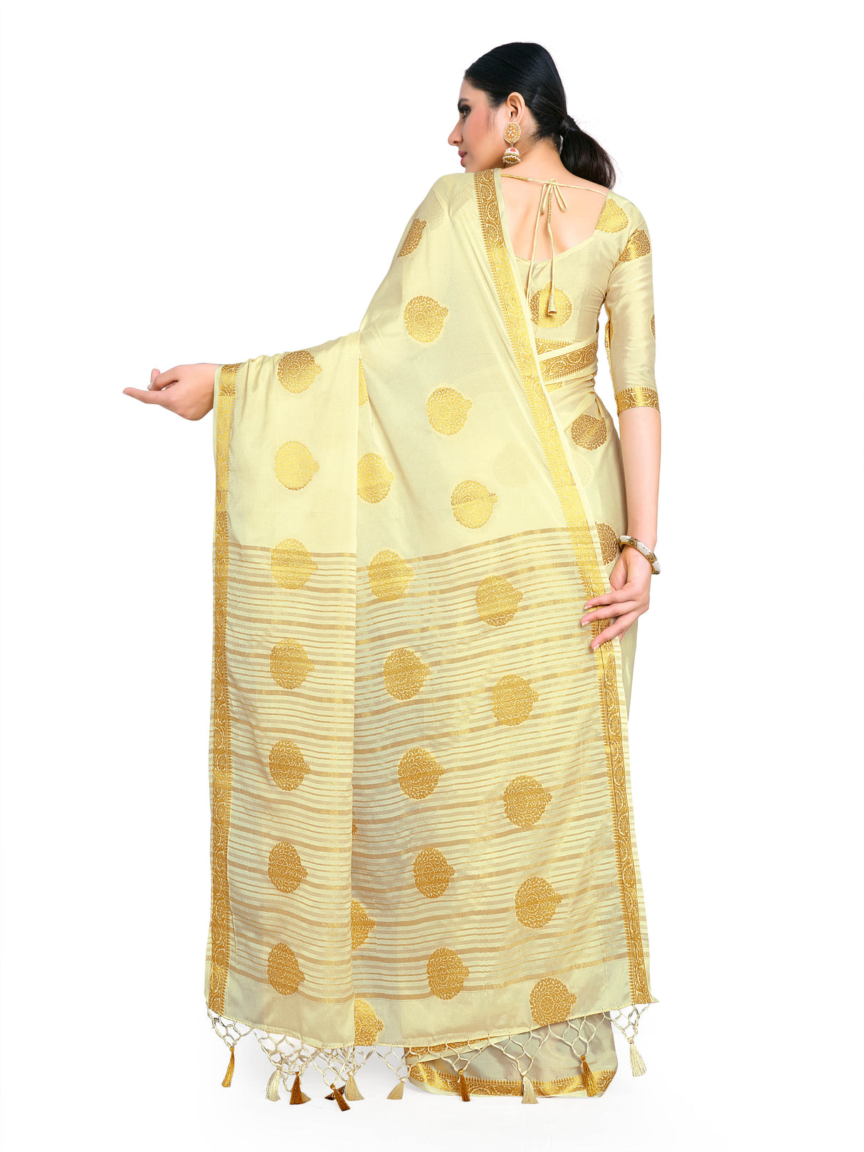 Mimosa Womens Crepe Saree Mysore Silk Cream Color
