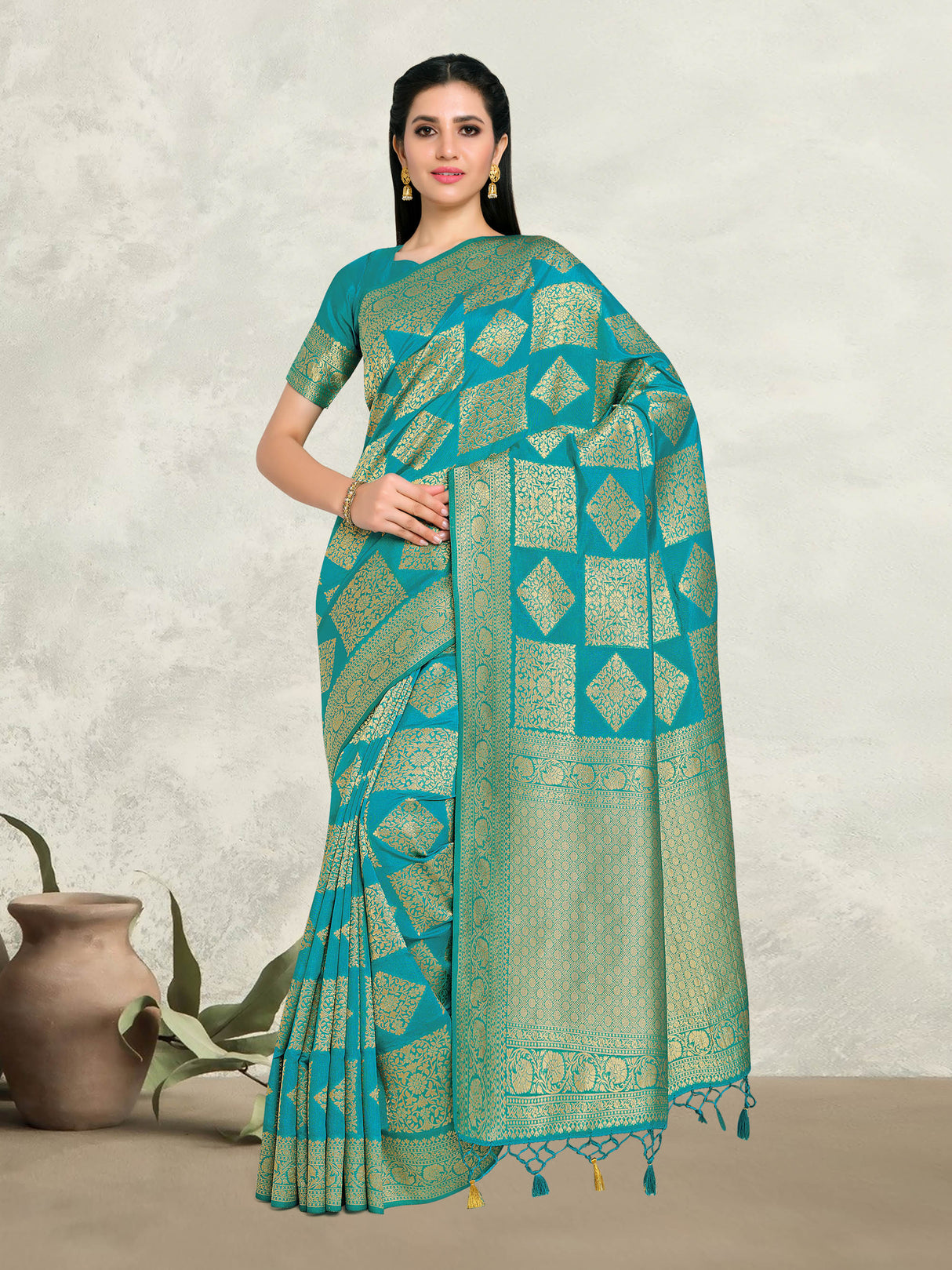 Mimosa Womens Art Silk Saree Kanjivaram Saffire Color