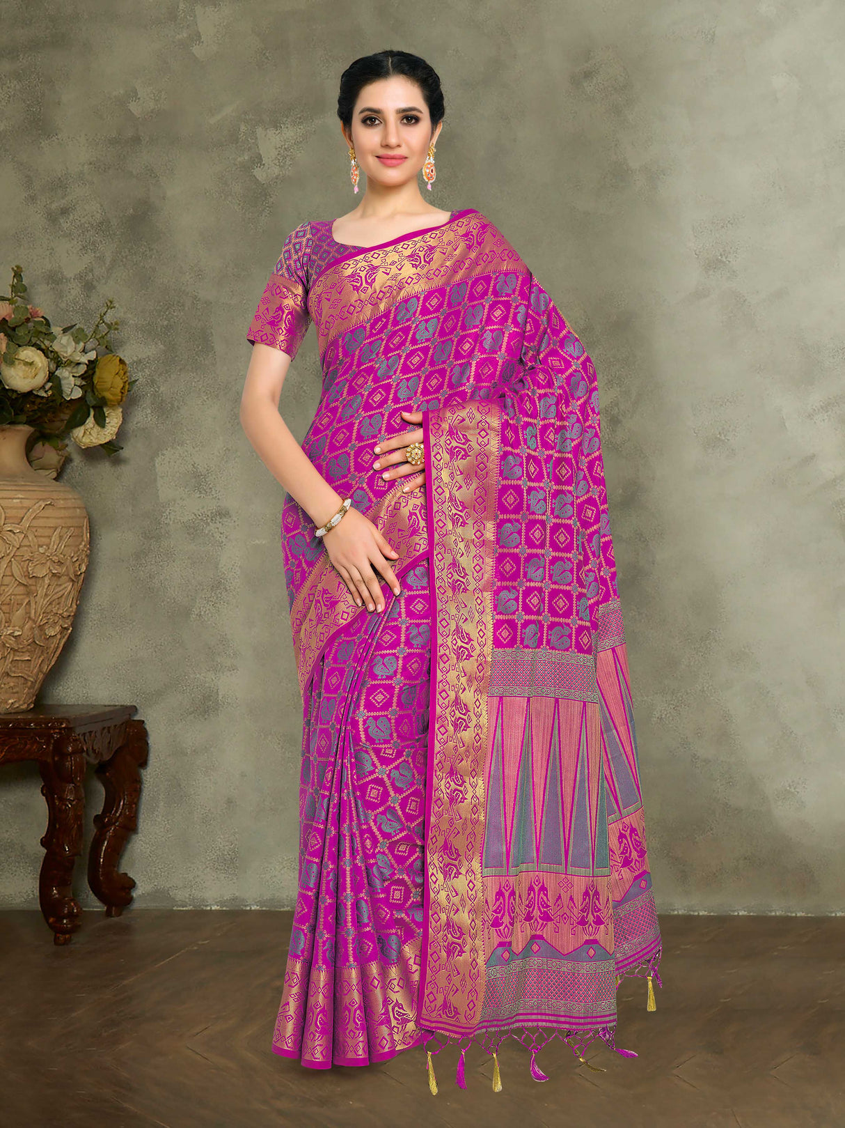 Mimosa Womens Art Silk Saree Patola Rani Color