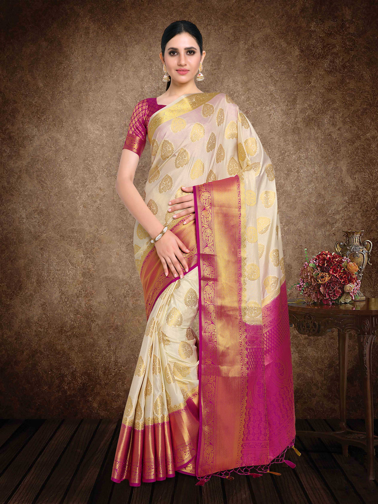 Mimosa Womens Art Silk Saree Kanjivaram Halfwhite Color