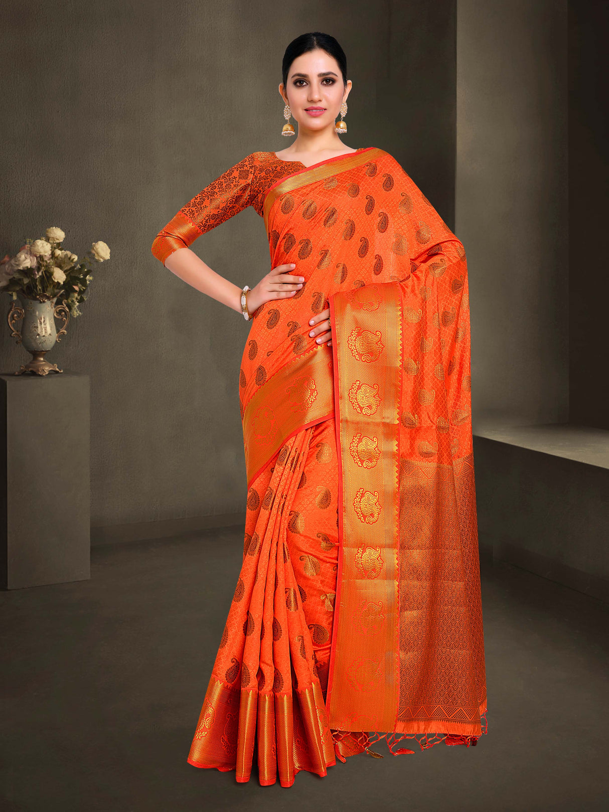 Mimosa Womens Art Silk Saree Kanjivaram Orange Color