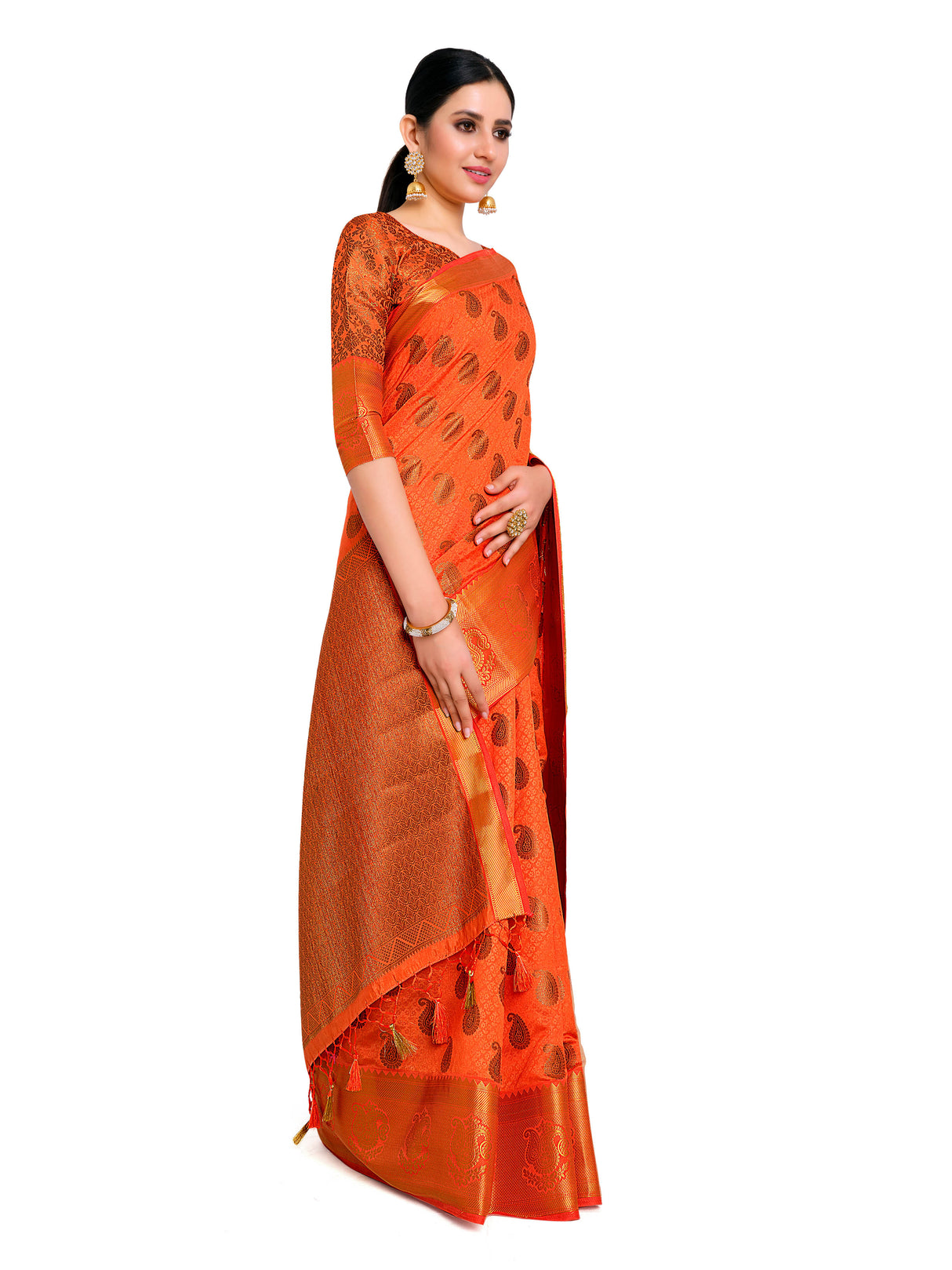 Mimosa Womens Art Silk Saree Kanjivaram Orange Color