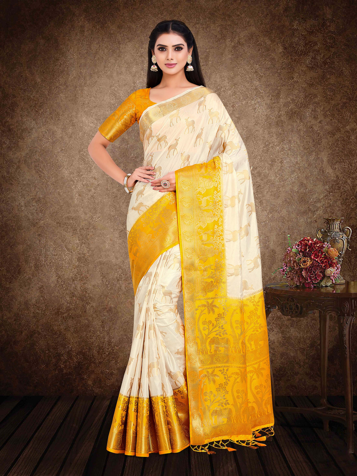 Mimosa Womens Art Silk Saree Kanjivaram Halfwhite Color