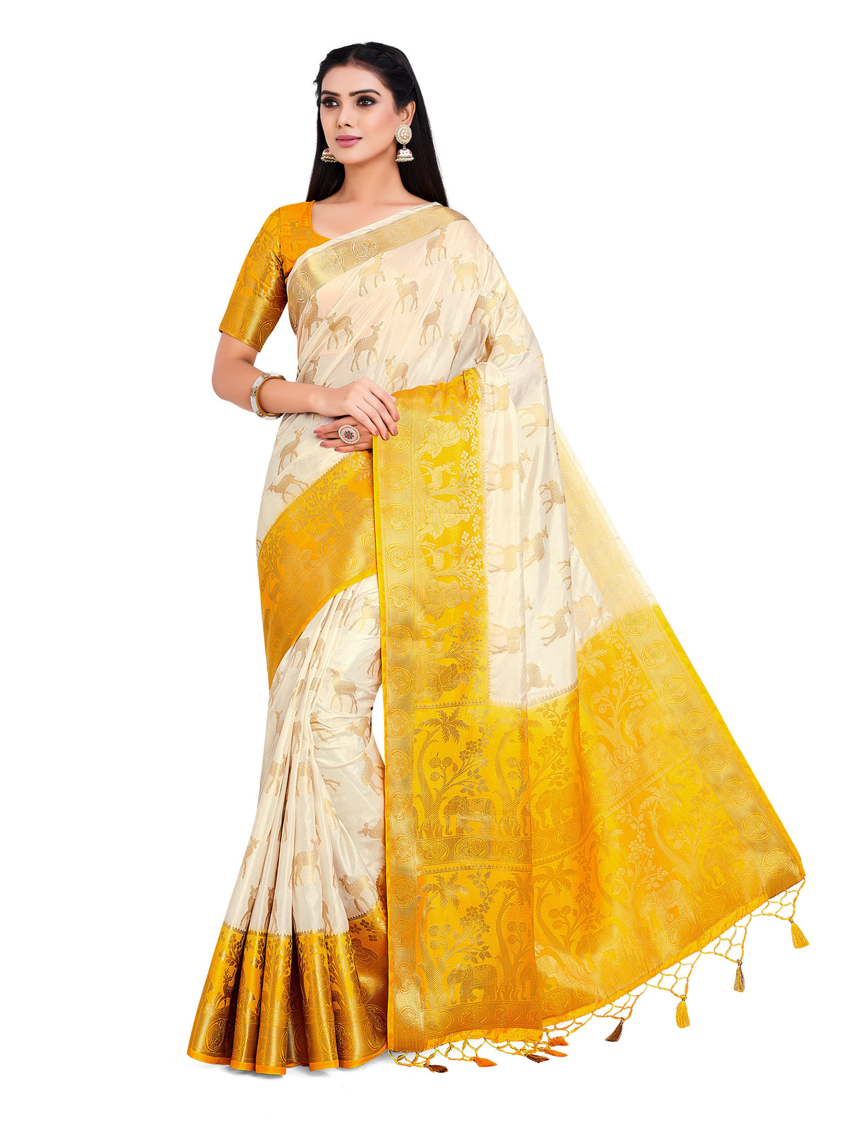 Mimosa Womens Art Silk Saree Kanjivaram Halfwhite Color