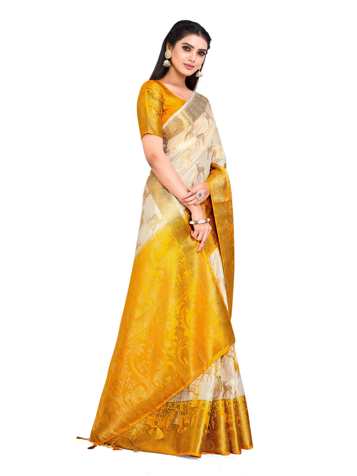 Mimosa Womens Art Silk Saree Kanjivaram Halfwhite Color