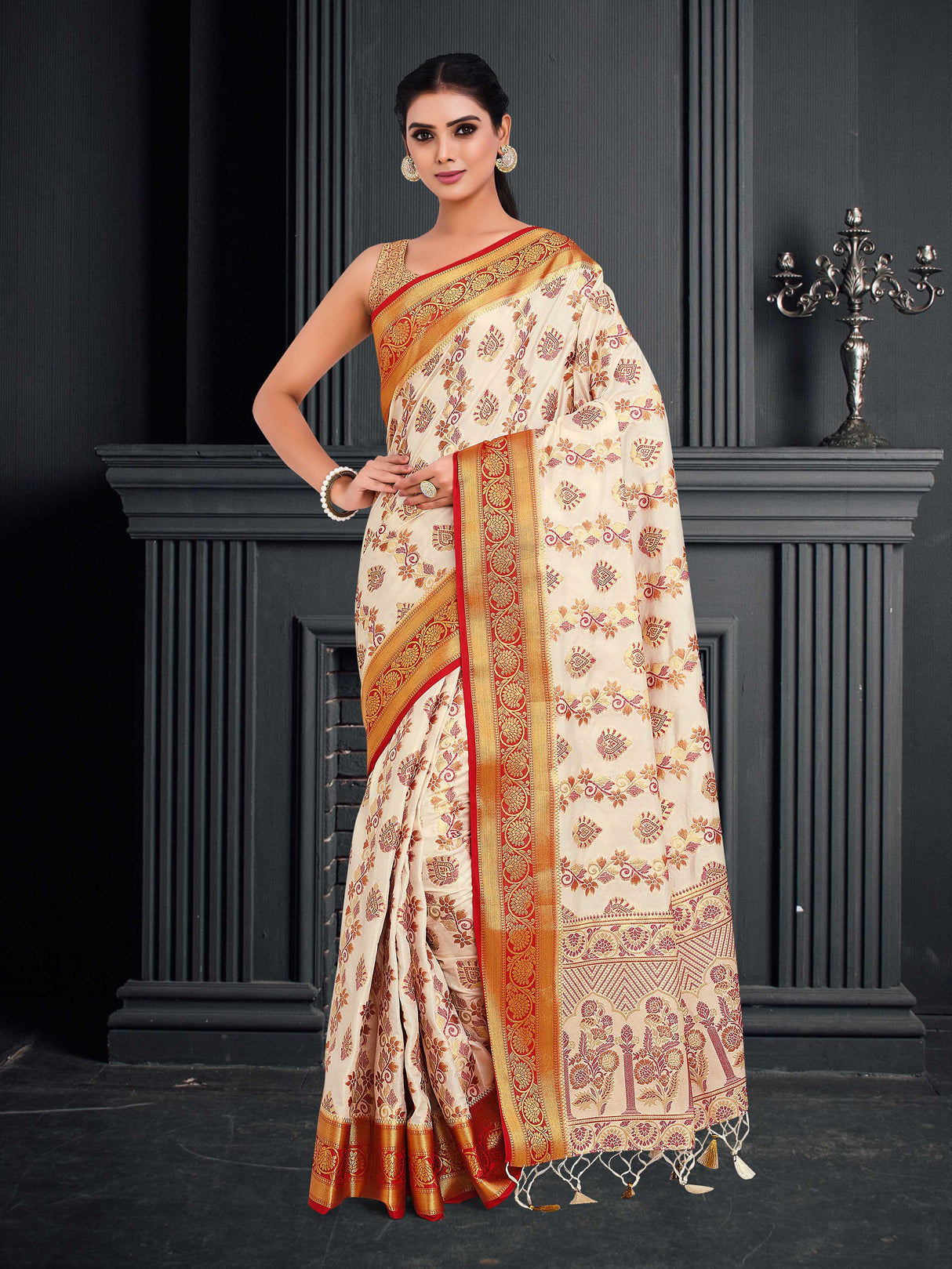 Mimosa Womens Art Silk Saree Kanjivaram Halfwhite Color