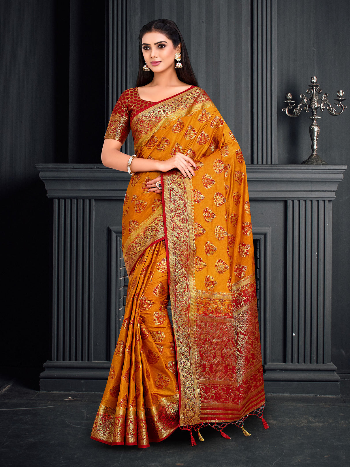 Mimosa Womens Art Silk Saree Kanjivaram Mustard Color