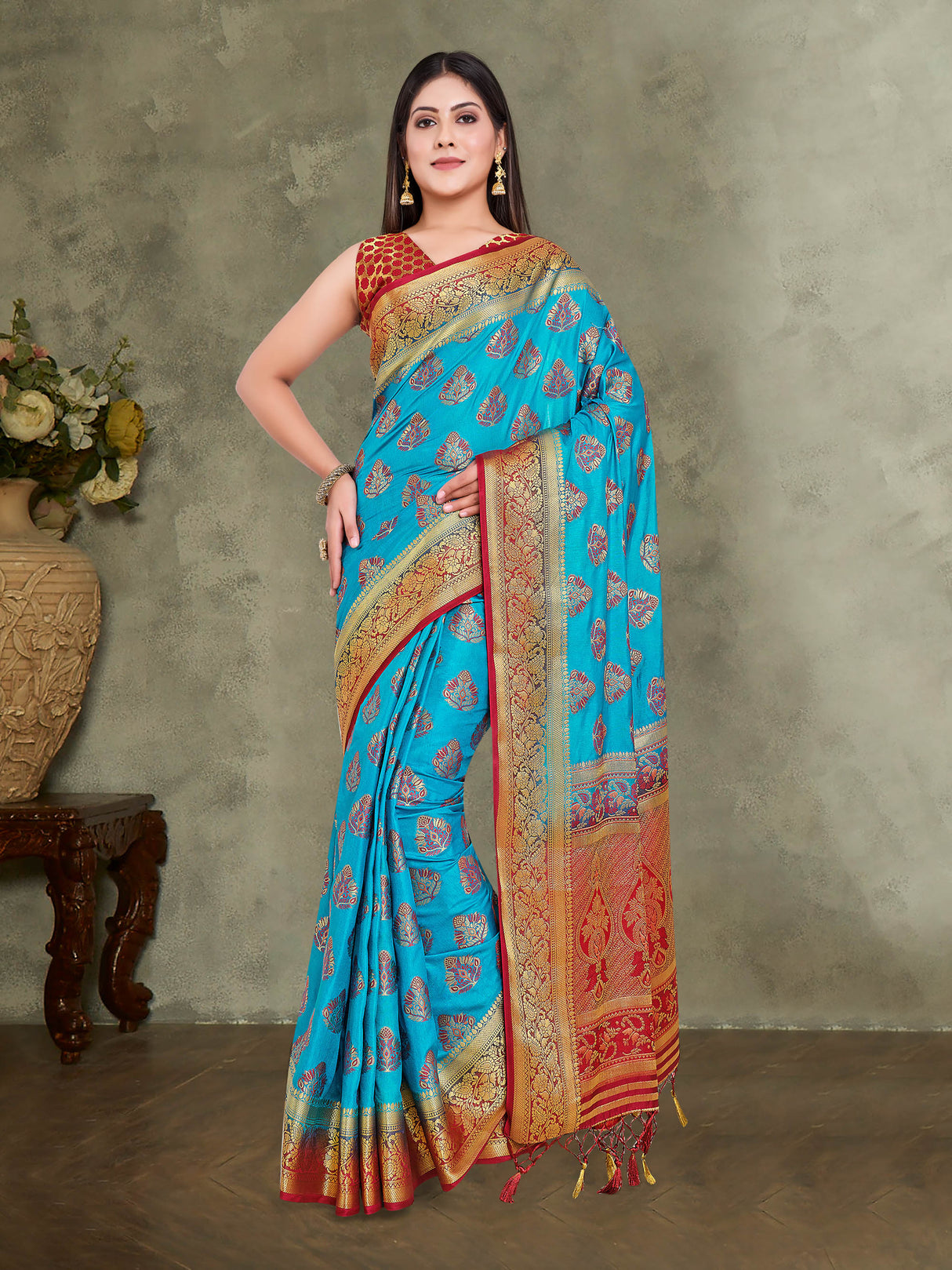 Mimosa Womens Art Silk Saree Kanjivaram Saffire Color