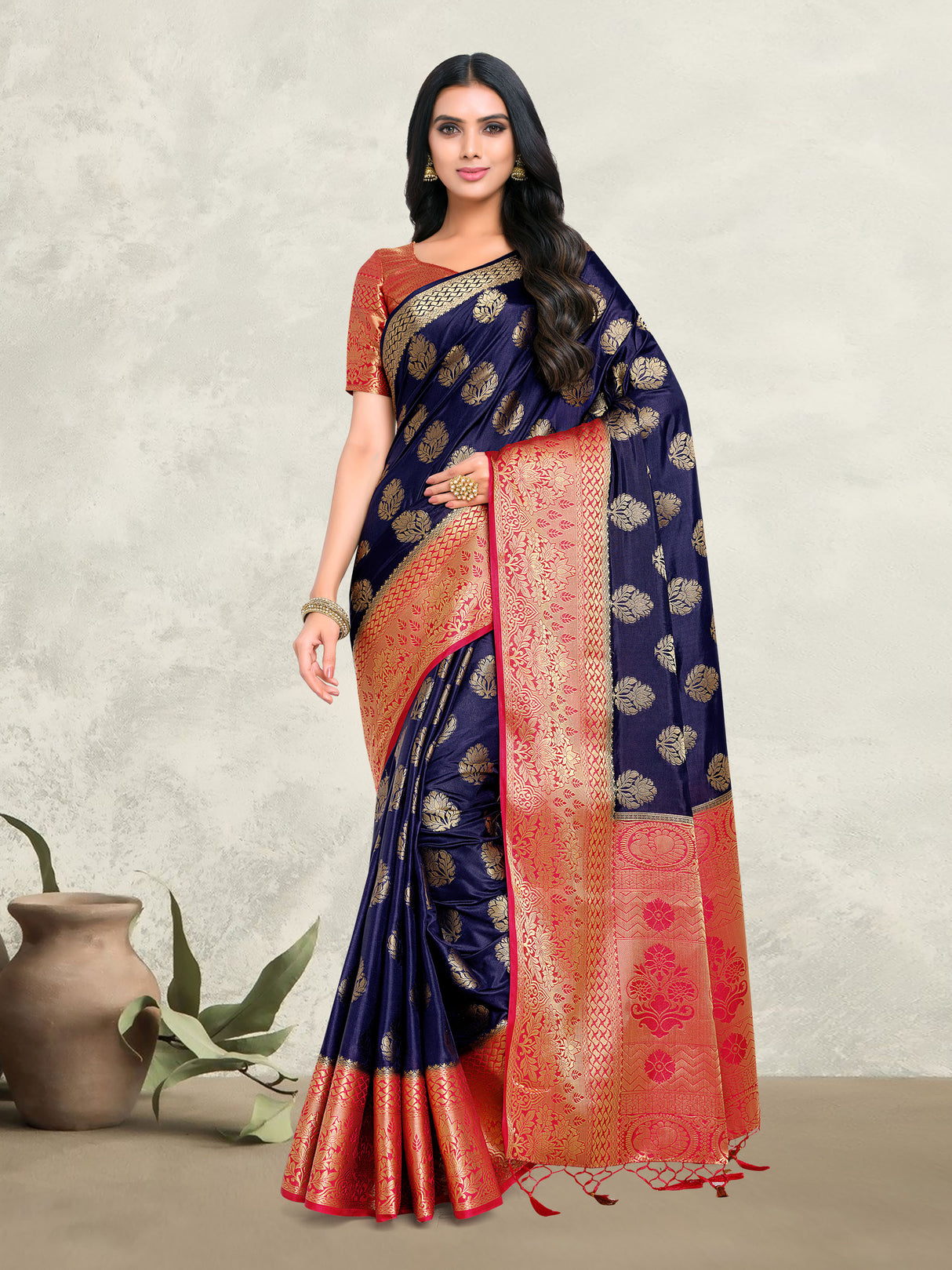 Mimosa Womens Art Silk Saree Kanjivaram Navy Blue Color