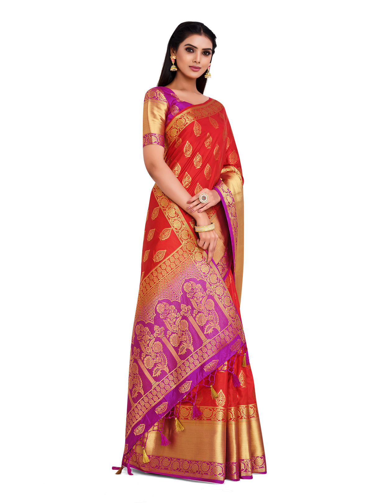 Mimosa Womens Art Silk Saree Kanjivaram Orange Color