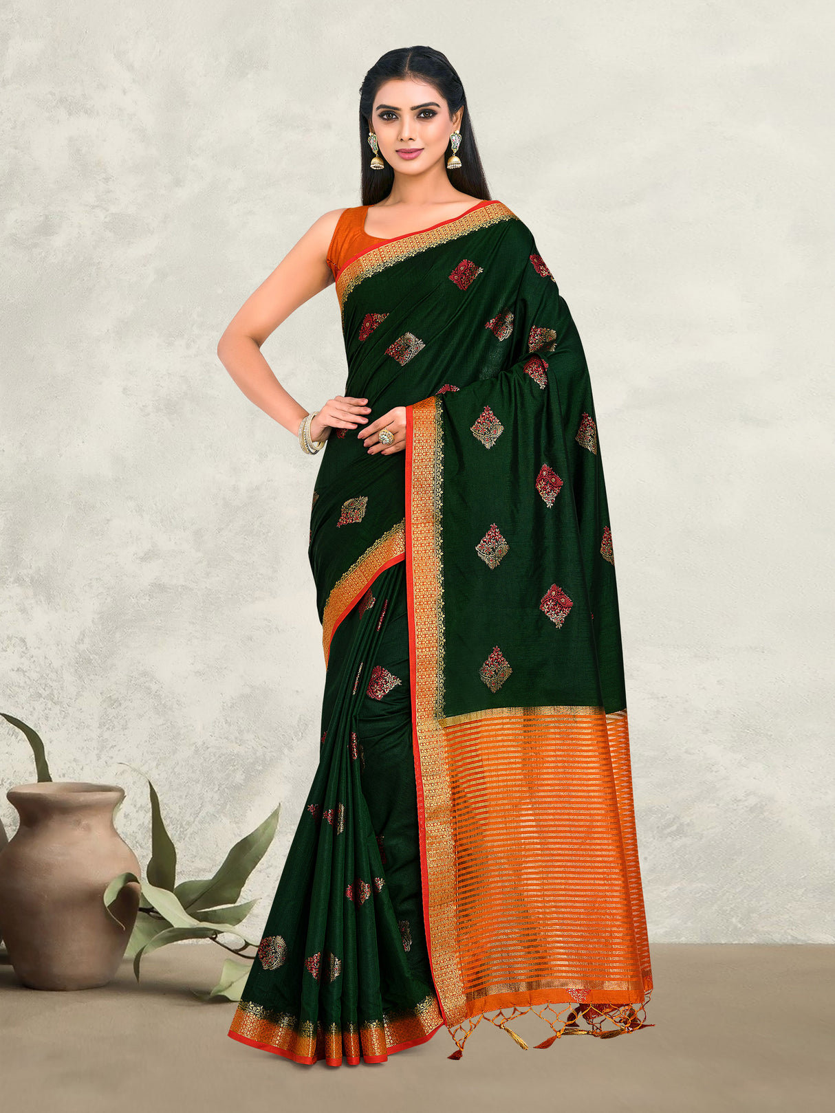 Mimosa Womens Art Silk Saree Kanjivaram style BGreen Color